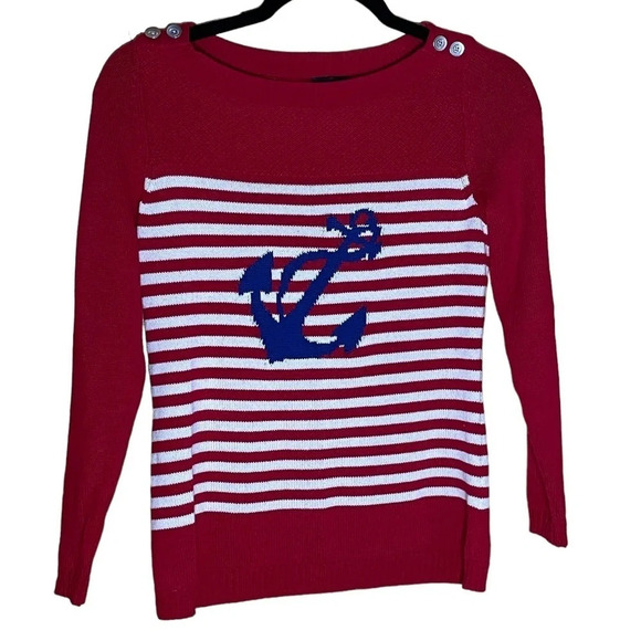 Talbots Red White & Blue Anchor Long Sleeve Summer Sweater Women's Size P Petite - Picture 1 of 5